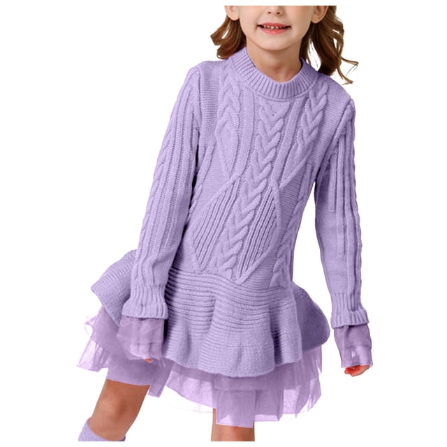 Splozh Robe d'Automne pour Tout-Petits Printemps et Automne Robe de Fête à Manches Longues pour Filles Motif Robe en Maille Violet, 5-6 Ans