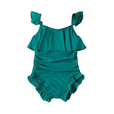B91xZ Girls One Piece Swimsuits Floral Ruffle One Shoulder 1-Piece Swimsuit,Green 18-24 Months