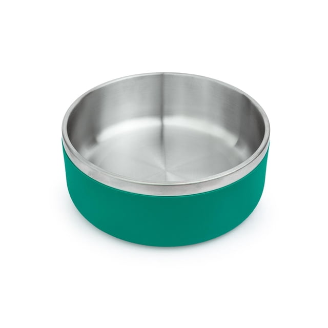 One Paw Large Stainless Steel Dog Bowl, 2.1L (71 OZ) with brushed stainless steel interior and teal exterior, featuring a non-slip base, rust-resistant design, and dishwasher safe, ideal for dog feeding.
