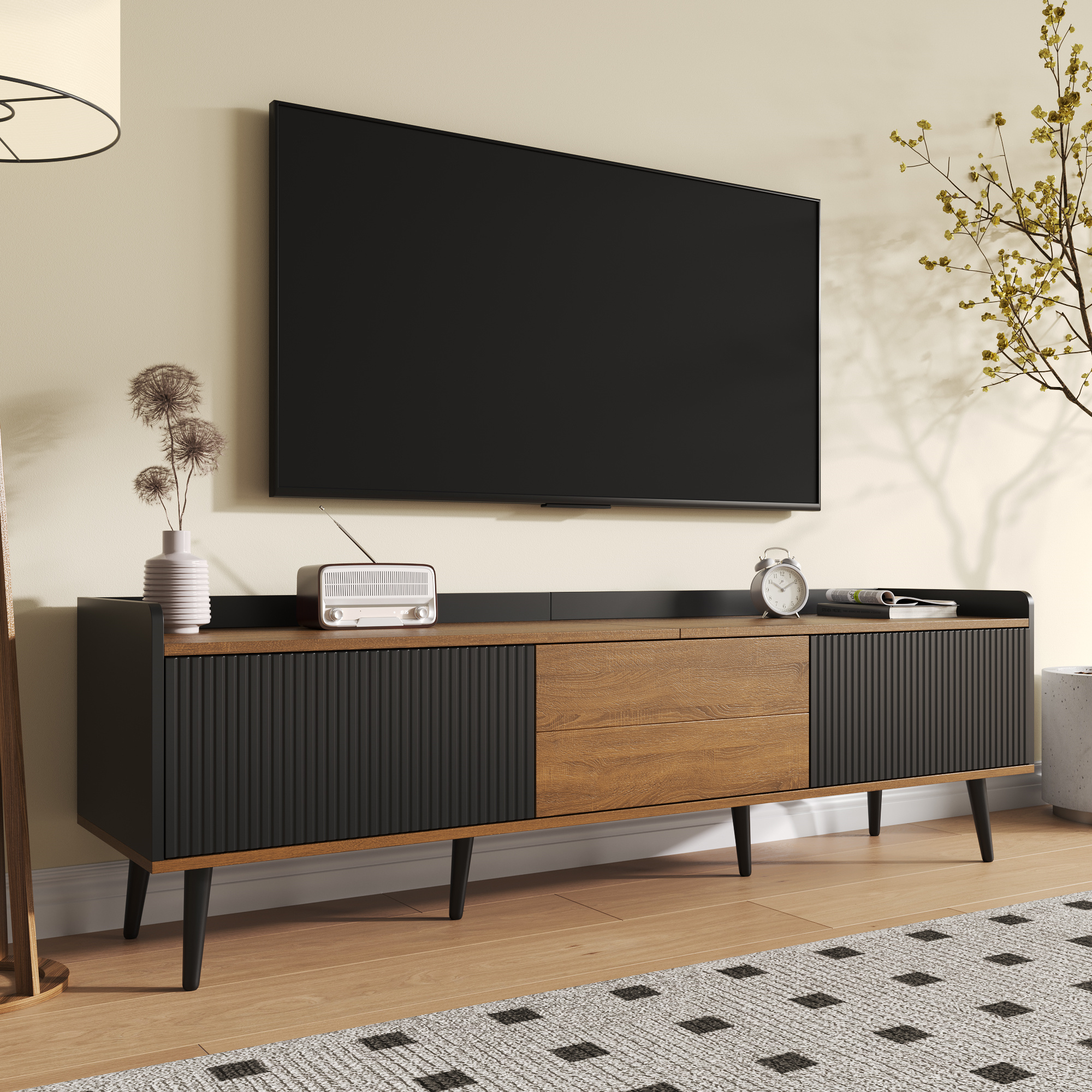 Noble House Meuble TV, Planche Basse avec Trois Portes, texture Fine. Noir