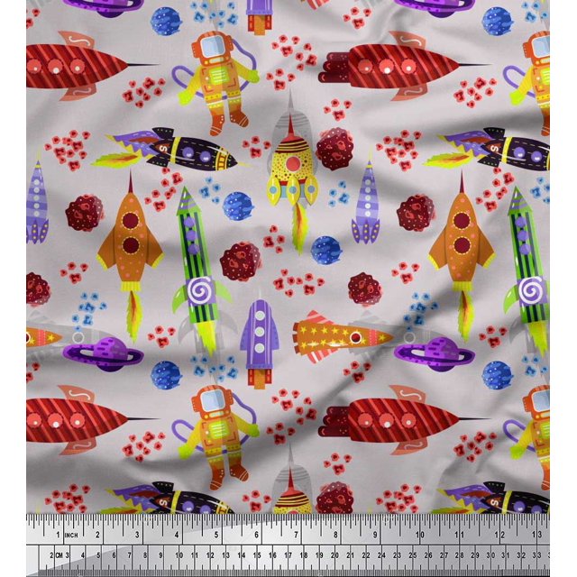 Soimoi Poly Georgette Fabric Rocket,Planet & Astronaut Cartoon Printed Fabric 1 Yard 52 Inch Wide