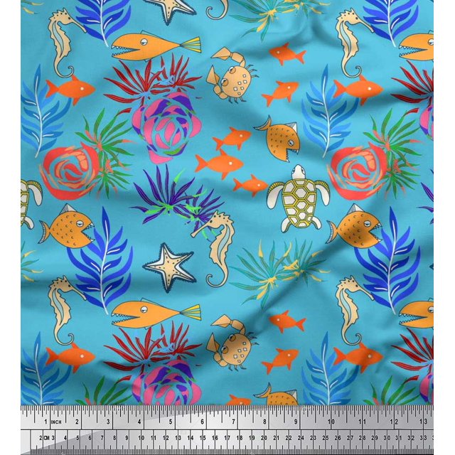 Soimoi Rayon Fabric Coral,Fish & Sea Turtle Ocean Print Fabric by Yard 56 Inch Wide