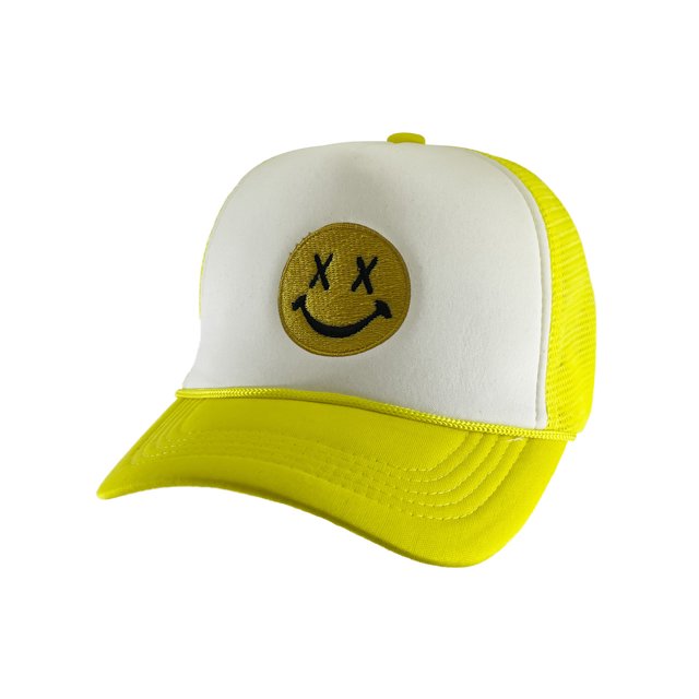Gravity Threads Smile Face Embroidery Adjustable Trucker Hat - Cross Eye - White/Yellow