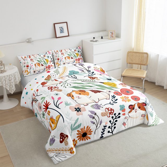 Cute Cavy King Bedding Comforter Sets for Girls,Mushroom Floral Quilt Cartoon Animal Comforter Set Kids Children,Watercolor Flowers Leaves Toddler Duvet Insert Kawaii Room Decor