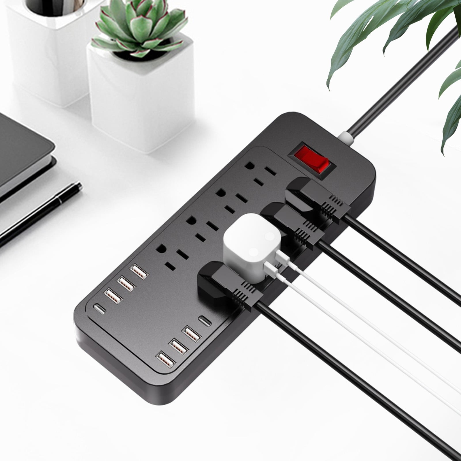 RRJ US Standard 2500W Power Strip Extension Cord, 8 Outlets 6 USB Ports 2 Type-C Ports, Household Surge Protector for Home Office, Multiple Charging Station for Computer TV Gaming Console, Wall