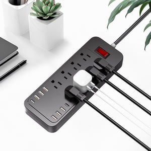RRJ US Norme 2500W Cordon d'extension de bande de puissance, 8 Sorties 6 USB Ports 2 Ports de type C, Protecteur d'urgence pour le bureau à domicile, Station de recharge multiple pour ordinateur TV Console de jeux, mur