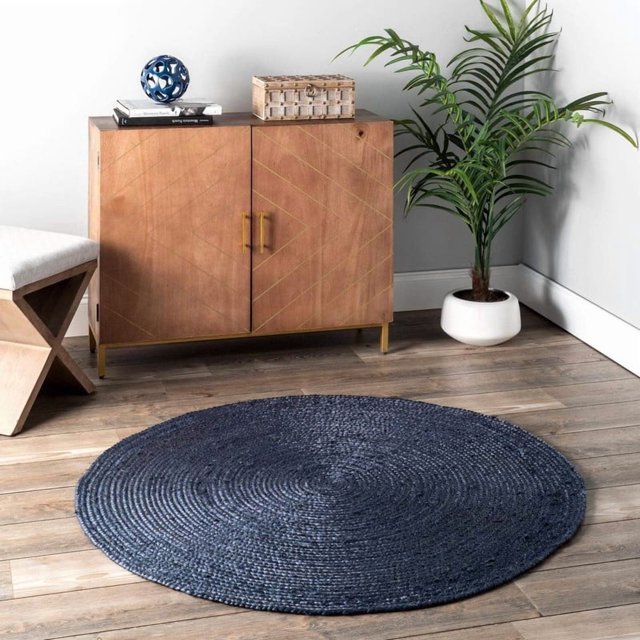 Aizza Trends 10 Ft Round Navy Blue Jute Area Rug, Boho Chic Natural Jute Area Rug - Hand-Braided, Rustic Farmhouse Decor for Living Room Carpet,