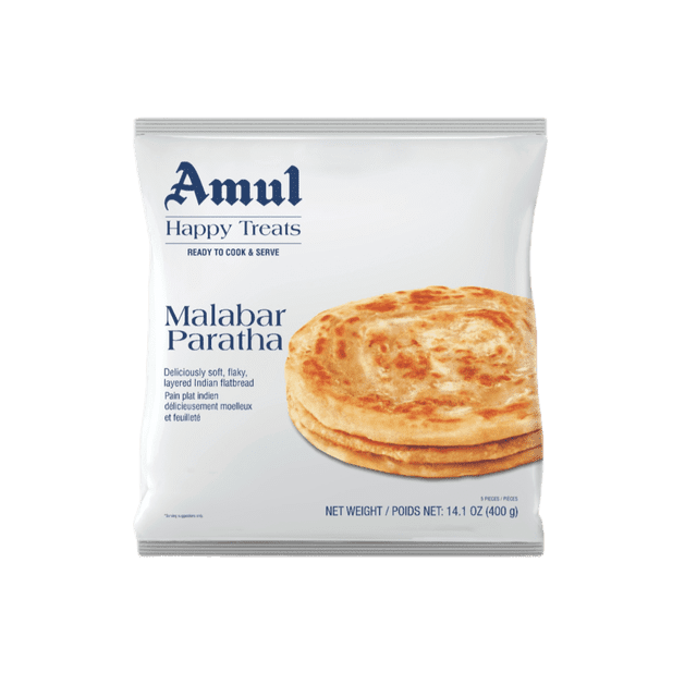 Amul Malabar Paratha 400g package showing a stack of soft, flaky layered Indian flatbreads ready to cook and serve, with blue branding on a white background, suitable for frozen bread and bakery selections.