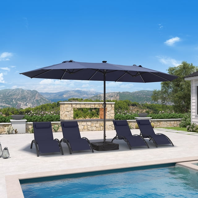 PURPLE LEAF 15ft Patio Market Umbrella with Solar LED and Base Double-Sided Pool Umbrellas for Pool Beach Deck Backyard Navy Blue