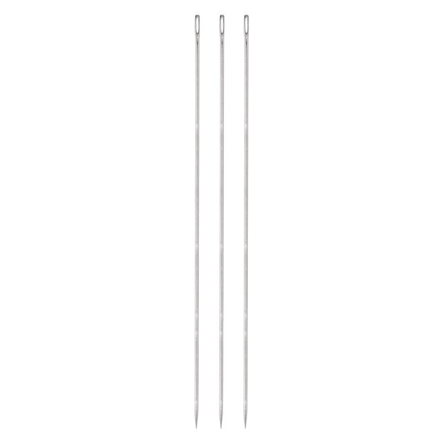 Unique Bargains 12 Inch Upholstery Needles Stainless Steel Large Eye Stitching Needles 3 Pack. The image displays three stainless steel needles with large eyes, each measuring 300mm in length and 3mm in diameter. These durable needles are ideal for sewing large furniture, such as sofas and mattresses, and for various upholstery tasks like stitching through padding and tying springs to webbing.