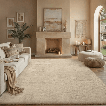 BERTHMEER Grand Tapis Shag 8'x10 Pieds pour Salon Chambre Salle à Manger Bureau Ferme Intérieur Duveteux Moelleux Moderne Contemporain Peluche Doux Uni Tapis Lavables, Brun Clair