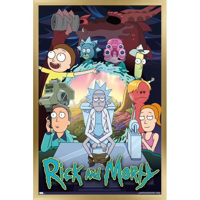Rick And Morty - Affiche Murale de Groupe Saison 4, 14,725 Pouces x 22,375 Pouces, Représentant Rick Assis sur une Toilette Futuriste avec Pantalon en Bas, Entouré de Morty, Mr. Meeseeks, une Créature Rouge Type Dragon, et d'Autres Personnages, Posé contre un Portail Lumineux et un Paysage Montagneux, Imprimée sur Papier Lustré pour une Déco Murale Vibrante Convenant aux Chambres Ou aux Bureaux.