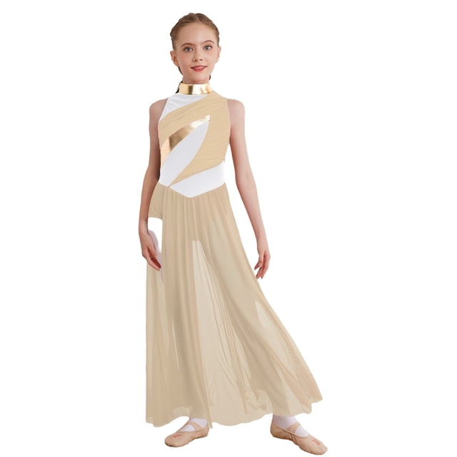 Moggemol Robe de Danse Sans Manches pour Filles Robe de Danse Contemporaine Fendue Longue Jupe Jaune 14