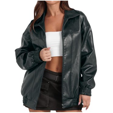 Moxiu Women's Faux Leather Jackets Boyfriend Long Sleeve Zipper Oversized Motorcycle Biker Coat Trendy Travel Casual Outfits 2025 Navy,XXL