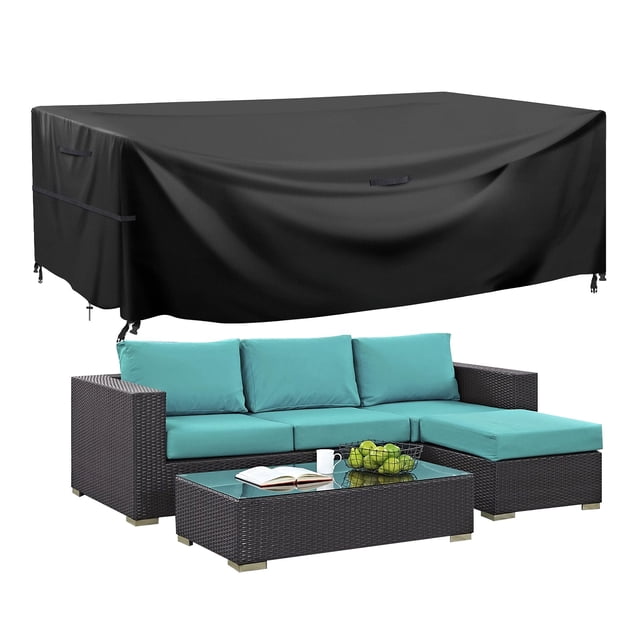 Housse de Protection pour Meubles de Jardin, 180 x 120 x 74 cm Housse 420D pour Meubles de Salon, Illustrée en Noir, Fabriquée en Tissu Oxford 420D durable. la Housse Est Imperméable, Résistante aux UV et Coupe-Vent, avec Cordon à Ourlet Élastique et Attaches Ajustables pour un Ajustement Sécuritaire. Convient aux Ensembles de Meubles d'Extérieur de Taille Moyenne, Y Compris les Ensembles de Salle à Manger, les Meubles en Rotin et les sofas. Comprend un Sac de Rangement pour Plus de Commodité.
