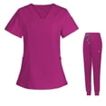 thumbnail image 1 of Ensemble de Sarraus pour Femmes, Haut de Sarrau à Col en V Extensible et Pantalon Jogger à Cordon avec 7 Poches, Anti-Froissement, Doux, Ensemble d'Uniforme d'Infirmière à Manches Courtes, Ensemble de Chemise d'Uniforme de Travail, Rose Vif, 1 of 5