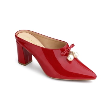 BLISSFUL STEP Women's Pearl Bow Block Heel Slides Mules Red 8