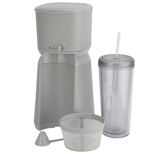 Mainstays Cafetière à Café Glacé à Portion Individuelle en Argent Doux avec une machine Compacte à Café Filtre Comprenant une Tige de Commande pour Commencer Ou Arrêter l'Égouttement, Deux Boutons pour Infusion Chaude et Froide, un Gobelet de Voyage en Plastique Transparent de 20 oz avec Couvercle et Paille, et un Filtre en nylon Réutilisable avec Cuillère Doseuse.