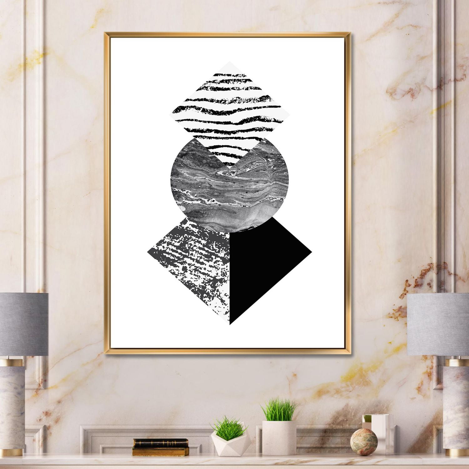 Designart Feuille de palmier tropical avec des formes géométriques abstraites I ART MURAL À CADRE FLOTT