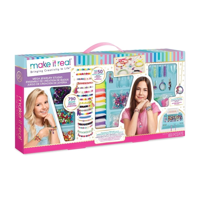 Make It Real Mega Jewelry Studio Trousse Boîte avec 790 Perles Colorées, Cordons et Outils de Fabrication de Bijoux Organisés en Compartiments, Incluant Plus de 50 Pcs pour Créer des bracelets et des Colliers, avec des images de designs de Bijoux Terminés sur l'Emballage, Convient à l'Artisanat Créatif et aux Activités de Groupe.