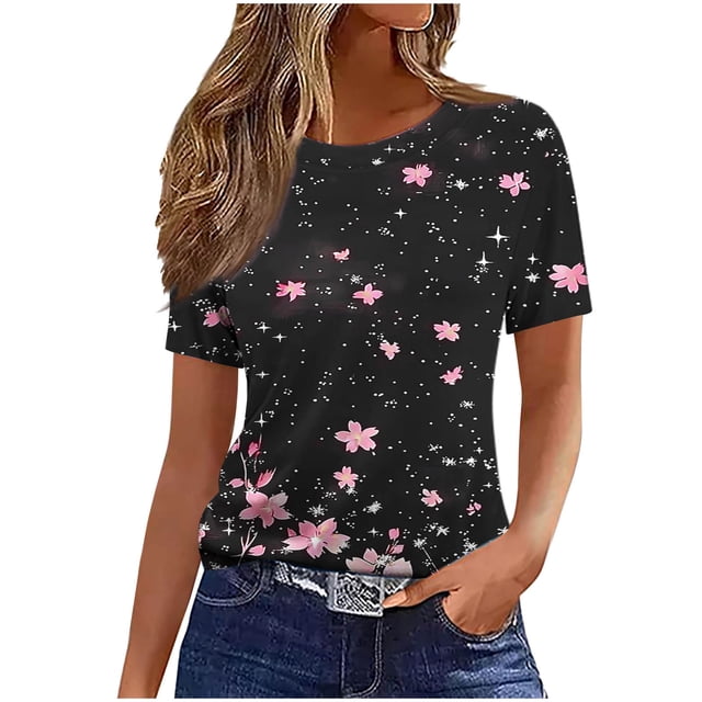 Pisexur Hauts pour Femmes, Hauts de Printemps pour Femmes 2025, Hauts pour Dames, T-shirt Imprimé Décontracté et Tendance pour Femmes avec Col Rond et Manches Courtes Noir, m