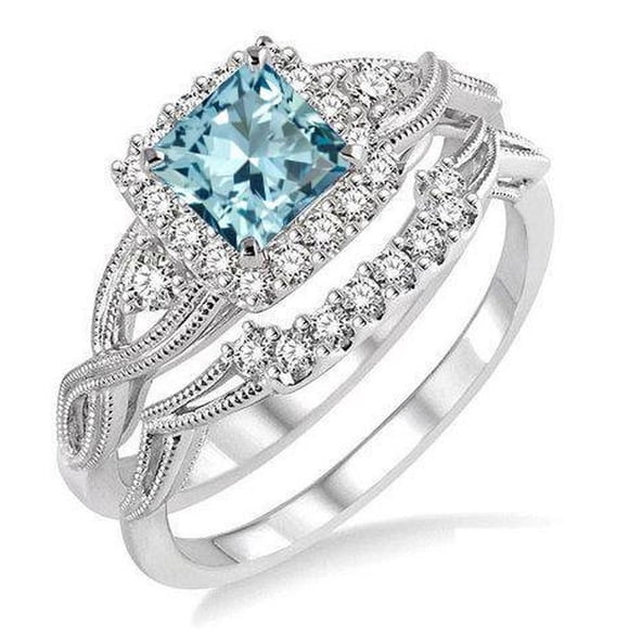 JeenMata Filigree 1.75 Carat Princess Cut Created Aquamarine and Moissanite Wedding Ring Set in 18k White Gold over Silver
