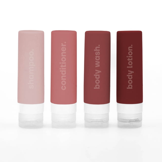 Mine , Ensemble de Bouteilles de Voyage en Silicone, Rose Assorti avec Quatre Bouteilles de 2,7 oz en Silicone Sans BPA Étiquetées Shampooing, Revitalisant, Gel Douche et lotion pour le Corps, avec Ouvertures à Grand Ouverture et Couvercles à Rabat pour un Remplissage, une Distribution et un Nettoyage Faciles, Convient aux Voyages de Cabine et à l'Utilisation au gym.