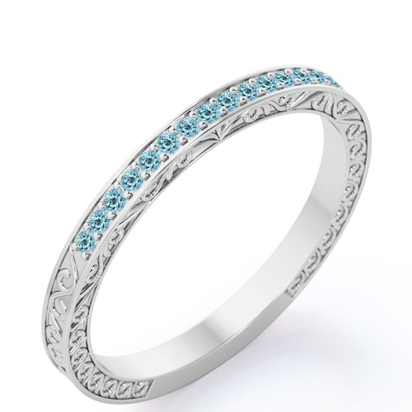 JeenMata Art-Deco Victorian Style 0.25 Carat Round Cut December Birthstone Wedding Band in 18K White Gold Plating over Silver