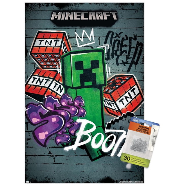 Minecraft - Creeper Do Not Enter Wall Poster, 22.375" x 34", depicting a front-facing green Creeper with black pixelated face on a gray brick wall background, surrounded by red TNT blocks and graffiti-style purple 'Ssss' and white 'Boom' text. Includes 30 clear adhesive pushpins for easy, damage-free hanging, suitable for bedrooms, gaming rooms, or offices.