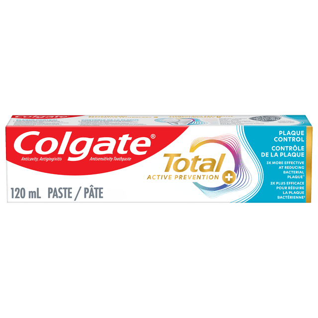 Colgate Total Active Prevention Plaque Control Anti Plaque Toothpaste, Cool Peppermint, 120 mL tube featuring red and white Colgate branding, gold and purple Total Active Prevention logo, and blue panel stating 3x more effective bacterial plaque reduction and fluoride cavity protection in English and French.