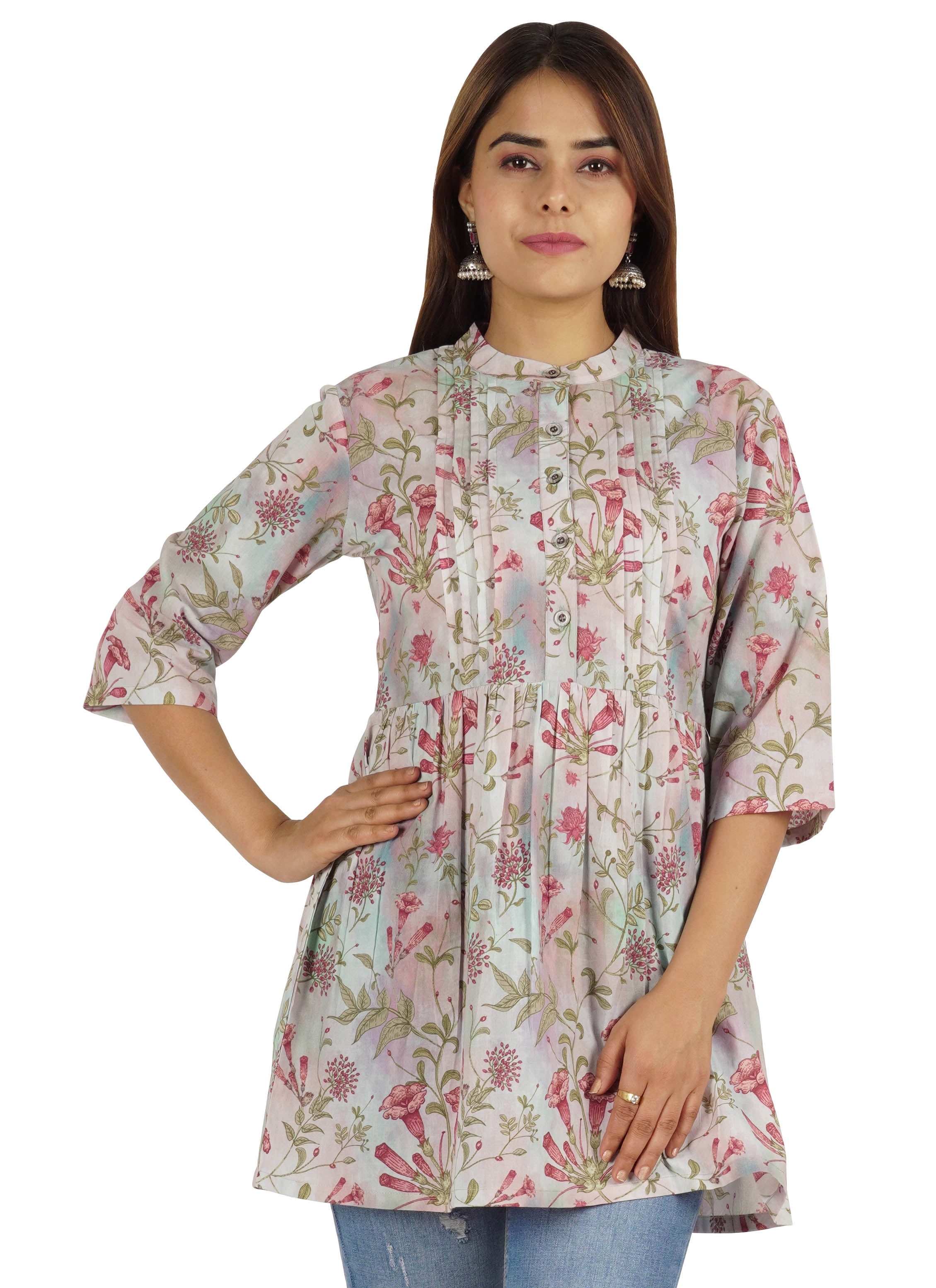 Moomaya Tunique en Coton Imprimé pour Femmes, Col Mandarin, Tenue Ethnique, Kurti à Épingles