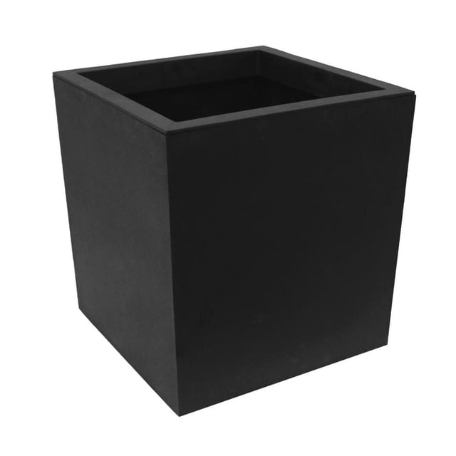Tierra Verde 14" x 14" Citadel Square Planter in slate, a black square planter made from 98% recycled materials with a matte finish, featuring a self-watering system with a raised insert and drainage hole with plug to prevent overwatering, durable for all seasons and suitable for indoor or outdoor garden use.