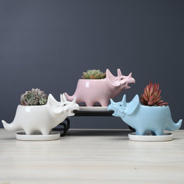 Flmtop 3D Cartoon Flowerpot Drain Hole Ceramic Creative Triceratops Shape Flowerpot for Desktop