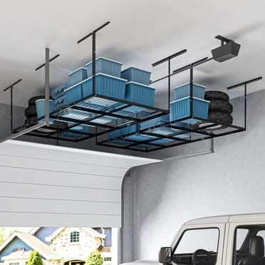 3x8ft Heavy Duty Metal Overhead Garage Storage Rack, 22"-40" Height Adjustable Garage Ceiling Storage Racks, 600lbs Weight Capacity, Black