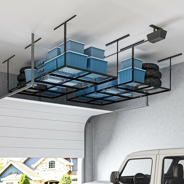 3x8ft Heavy Duty Metal Overhead Garage Storage Rack, 22"-40" Height Adjustable Garage Ceiling Storage Racks, 600lbs Weight Capacity, Black
