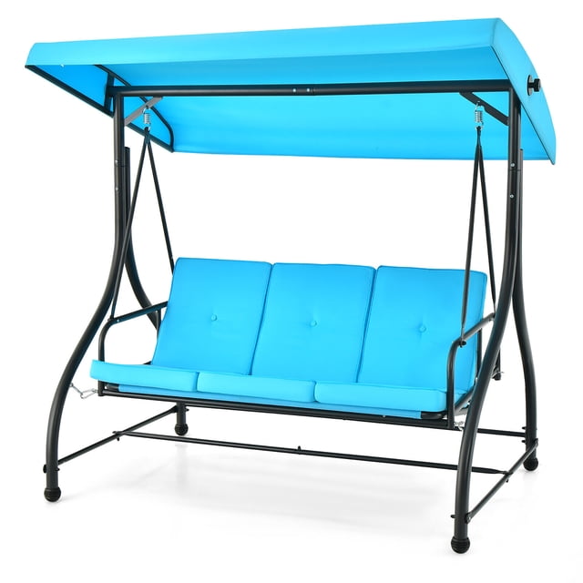 Gymax Berceuse Extérieure 3 Places Convertible pour Patio Swing avec Auvent Réglable à 45° en Bleu. Conçue pour les patios, les Vérandas et les Jardins, Elle Présente un Cadre Métallique Robuste, des Coussins Rembourrés et un design 2-en-1 Qui Se Convertit en Lit. Idéale pour la Détente en Plein Air.