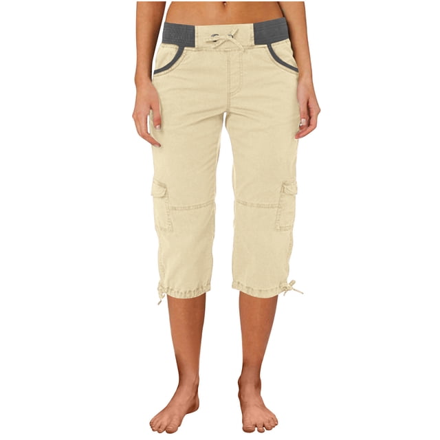 Timegard Womens Cargo Capri Pants Elastic Waisted Drawstring Cinch Bottom Hiking Crop Pants with Pockets