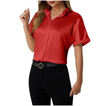 hoksml Chemisiers Frivoles à Manches Courtes pour Femmes, Couleur Unie, Col Officier, Chemises de Travail Business, Hauts Habillés, Été, Légers, Fins, Tenue de Travail Décontractée, Liquidation 2025