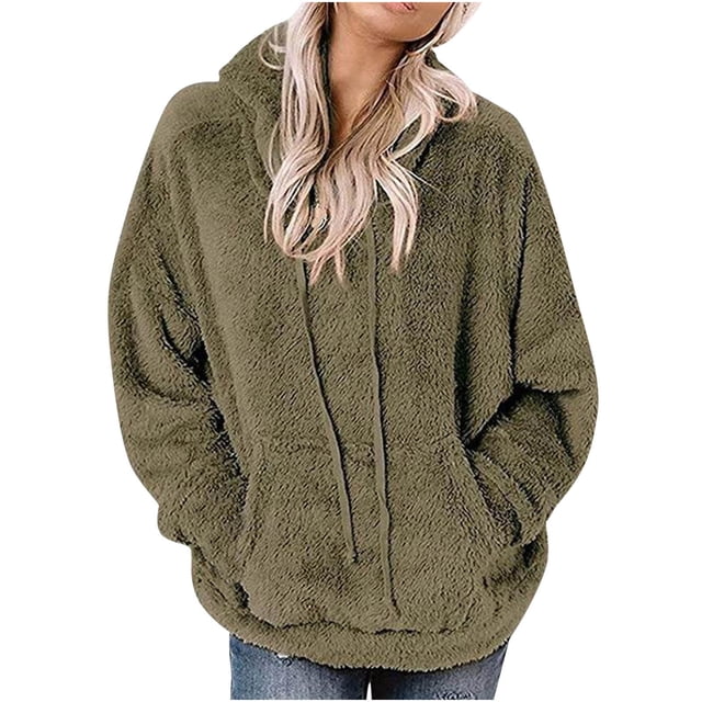 Simua Womens 2024 Hoodies Drawstring Hooded Pullover Fuzzy Solid Color Sweatshirt Casual Long Sleeve Tops