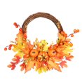 thumbnail image 1 of 14 Inch Artificial Fall Rattan Wreath Harvest Thanksgiving Halloween Home Decor for Front Door with Pumpkins Maple Leaf Berry, 1 of 5