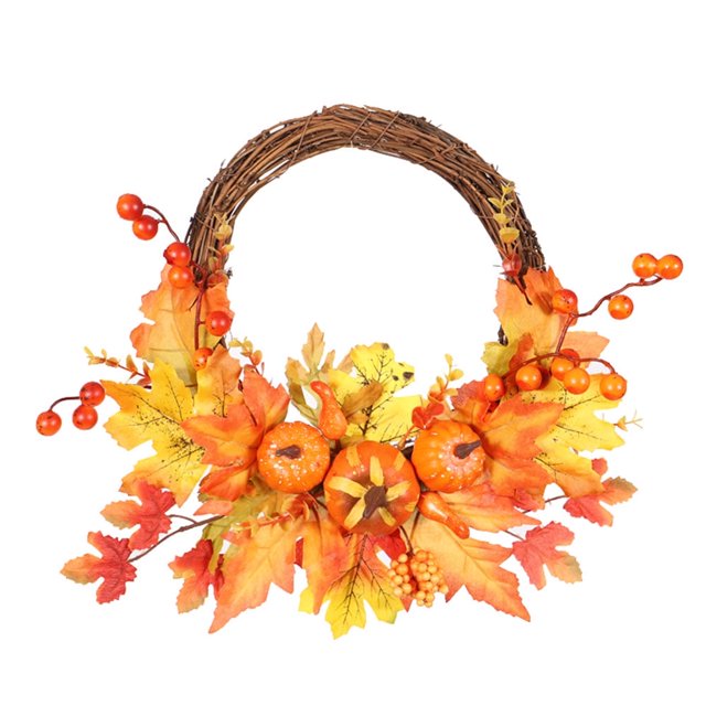 14 Inch Artificial Fall Rattan Wreath Harvest Thanksgiving Halloween Home Decor for Front Door with Pumpkins Maple Leaf Berry