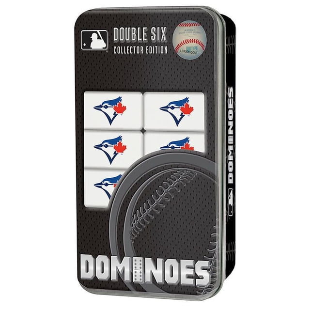 MLB Toronto Blue Jays Dominoes collectible set in a black tin box with a textured baseball design and MLB logo, containing 28 white resin dominoes featuring the Toronto Blue Jays logo with a red maple leaf on the back, designed as a double sixes tile game suitable for sports fans and family play.