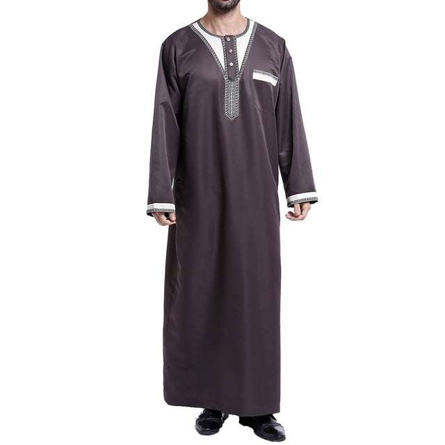 Penkiiy Long Shirt for Men Men's Muslim Robe Arab Middle Robe Pattern Embroidery Long Sleeve Standing Neck Pocket Long Shirt Fashion Casual Robe Coffee Shirts