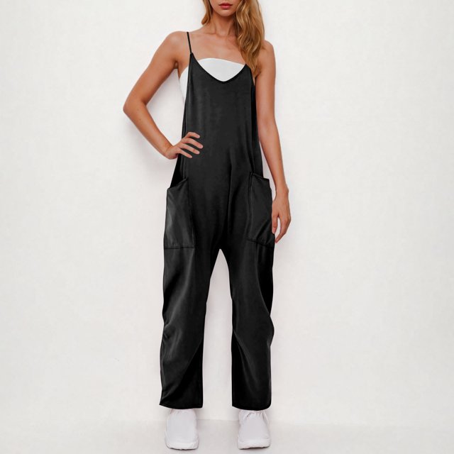 Clearance Horkkom Jumpsuits for Women Summer Sleeveless Spaghetti Strap Rompers Casual Loose Jumpsuits with Pockets