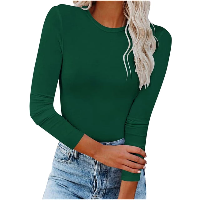IROINID Deals Womens Plus Size Tops Fall Long Sleeve Stretch Slim Fitted T-Shirt Blouse Solid Basic Tops,Green