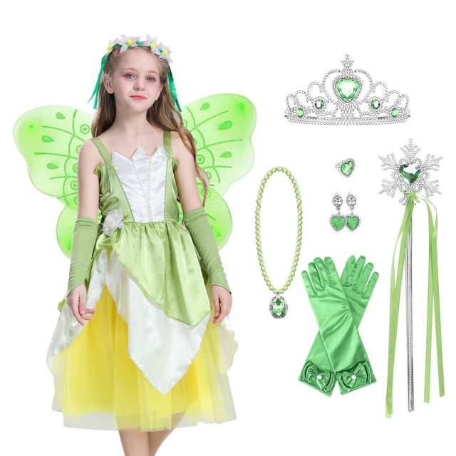 KAWELL Costume d'Halloween Vert pour Filles, Robe de Conte de Fées Princess avec Riches Accessoires pour Cosplay Carnaval