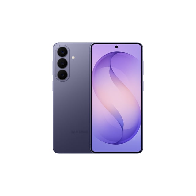 Samsung Galaxy S26+ 256GB unlocked phone in purple shown front and back, featuring a triple rear camera setup with LED flash and a large ultra-vivid edge-to-edge display with centered punch-hole front camera, designed for immersive gaming, AI-enhanced photography, and creative content creation.