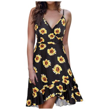 JIRNDf Summer Maxi Dresses For Women Trendy Fashion Sleeveless Backless Printed Sling Sundresses For Women Boho Dress Yellow L