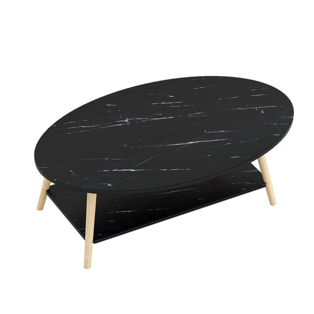 ViscoLogic Table Basse Impériale Mi-Siècle à 2 Niveaux en Noyer Foncé, avec un Dessus Ovale Spacieux à Fini Effet Marbre Noir et des Pieds en Bois Massif Robustes. l'Étage Inférieur Offre un Espace de Rangement Supplémentaire pour Livres, Objets Décoratifs Ou magazines. Fabriquée en MDF avec des surfaces en Mélamine, Cette Table Basse Allie style et Fonctionnalité, Convient aux Salons, Chambres Ou Petits Espaces. Dimensions : 100 x 60 x 42 cm.