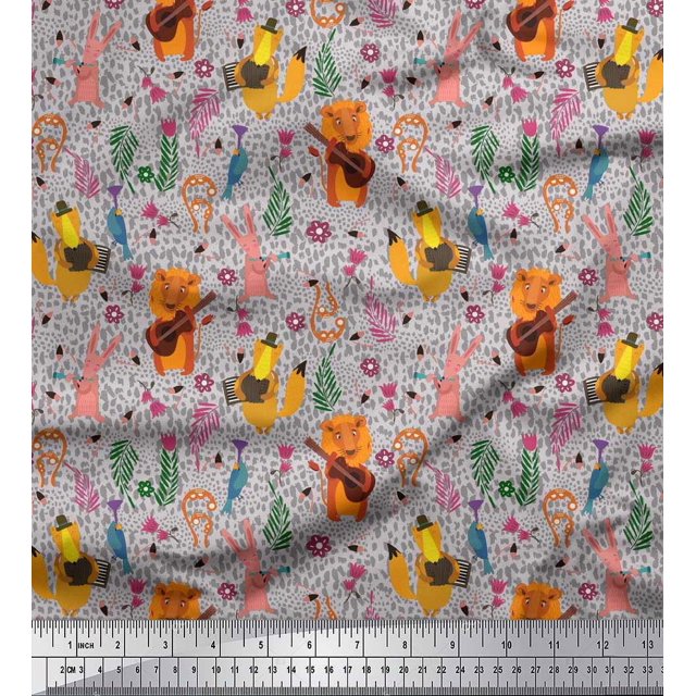 Soimoi Rayon Crepe Fabric Floral,Musical Instruments & Animals Cartoon Print Fabric by The Yard 46 Inch Wide